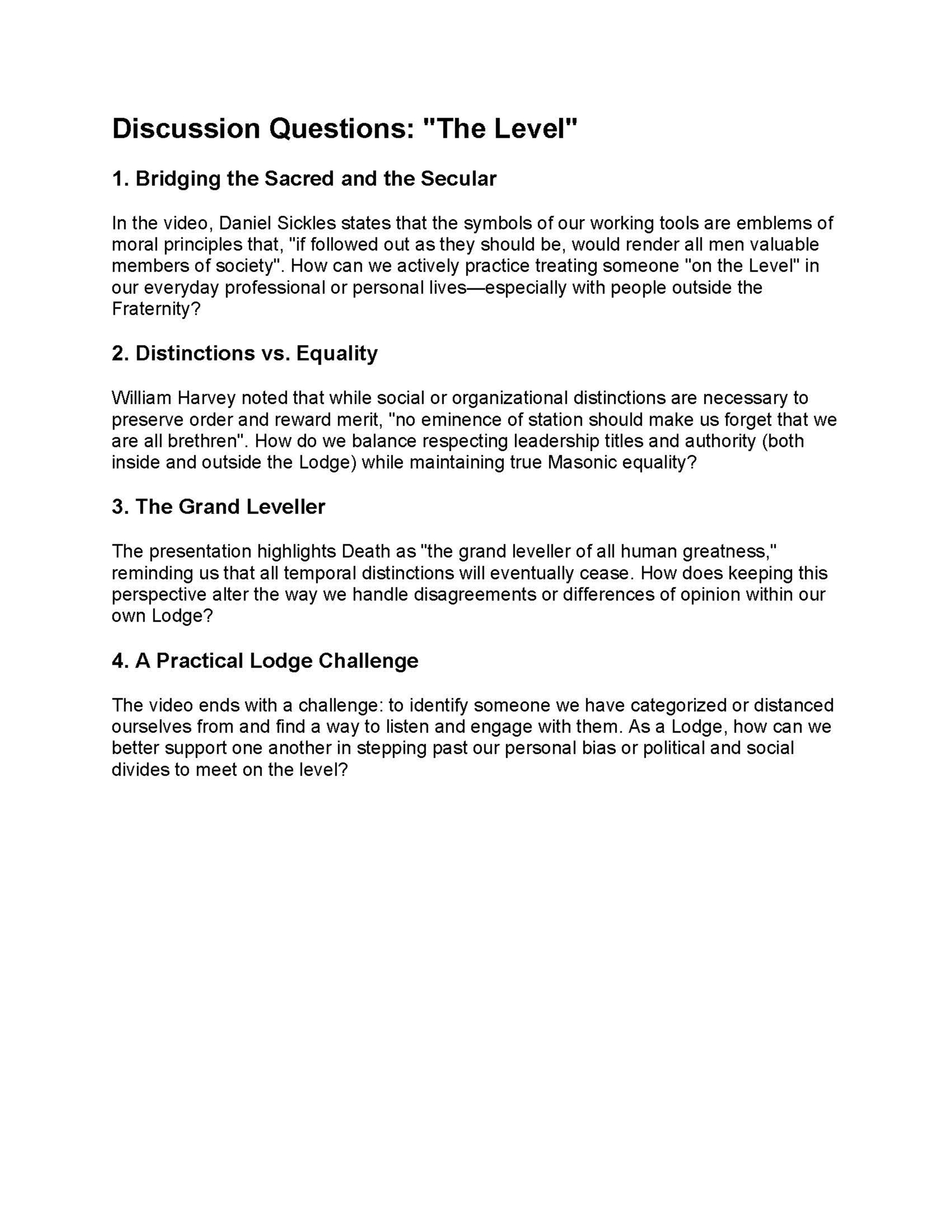 Discussion Questions - The Level